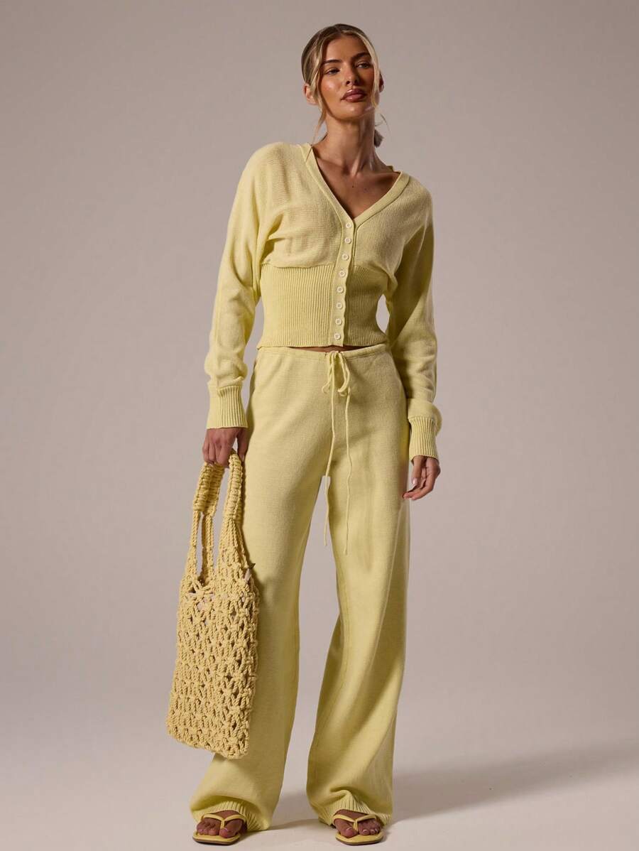 MUSERA 低腰抽绳罗纹针织阔腿休闲裤，适合秋冬季日常办公穿着，黄色系，适合圣诞节、工作、秋季等各种场合，尽显时尚格调。