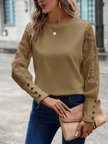 SHEIN PETITE CURVE Plus Size Casual Solid Color Jacquard Patchwork Long Sleeve Top, Autumn - Khaki - View 3