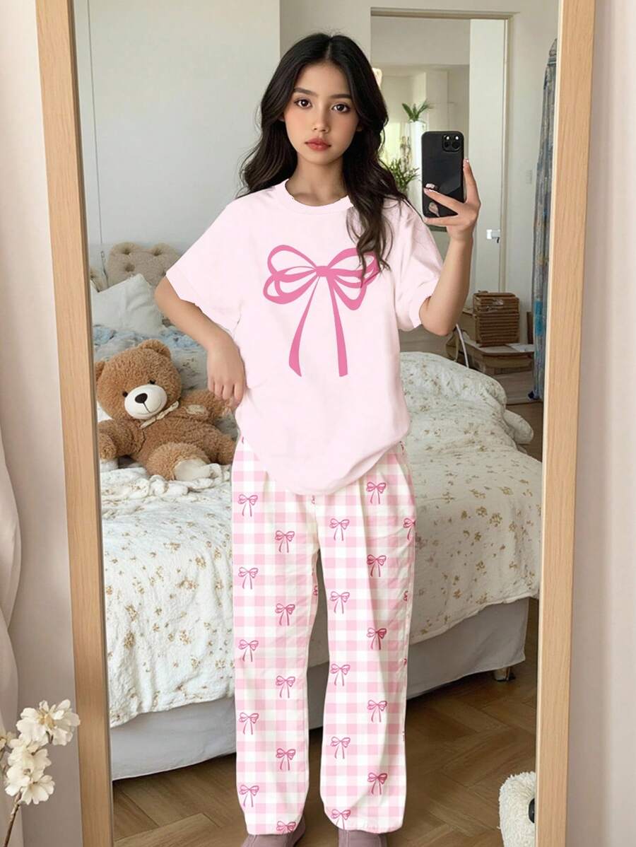 米色蝴蝶结格子图案少女休闲宽松简约圆领落肩短袖T恤和宽松裤家居服,适合春夏季穿着舒适 - 彩色 - 查看 1