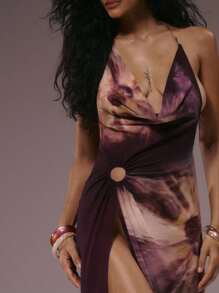 Musera Resort Purple Floral Printed Ring Detail Cowl Halterneck Backless Dress,Summer Boho Vacation Holiday Ibiza Beach Elegant Swim Amethyst Resort - Multicolor - View 4