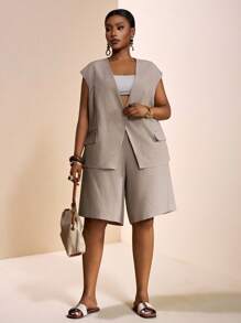 Veslaya 复活节西部海滩波西米亚乡村音乐节热带度假大码女装，百搭休闲简约基本款夏季海滩优雅西装外套和短裤套装 - 咖啡棕 - 查看 4