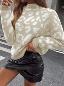 SHEIN Clasi 女士豹纹圆领休闲长袖套头衫针织套头衫秋冬 - 彩色 - 查看 5