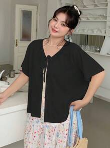 Dazy Plus Áo khoác cardigan ngắn tay buộc phía trước bằng vải họa tiết màu trơn dành cho nữ - màu đen - Xem 3
