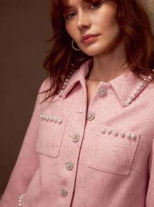 MOTF PREMIUM FAUX PEARL TRIM BUTTON UP JACKET - Pink - View 5