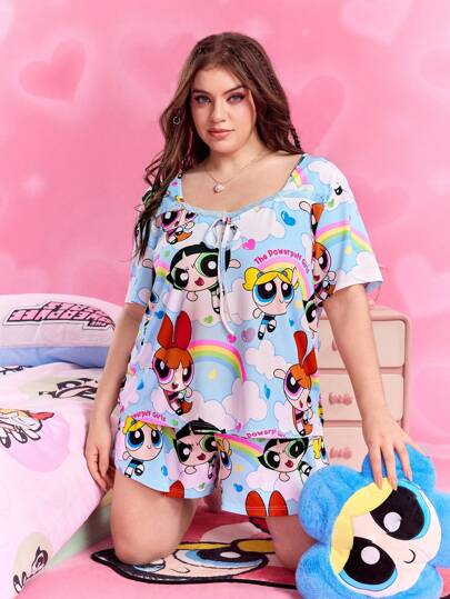 THE POWERPUFF GIRLS X SHEIN Conjunto de pijama de top con cuello de corazón y lazada frontal con estampado de arcoíris y pantalones cortos para mujer de talla grande, pijamas de las Chicas Superpoderosas para mujer, ropa Y2K para mujer
