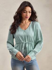 Wildy 秋季休闲通勤绿色鼠尾草绿色长袖收腰衬衫女士乡村音乐会乡村女教师衬衫秋季