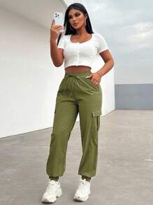 Zolique 女士休闲百搭纯色工装裤 - 橄欖綠 - 查看 5