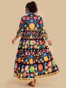 Travachic 大码女式热带花卉印花 V 领 3/4 袖黑色百搭休闲长裙，适合秋季 - 黑色 - 查看 3