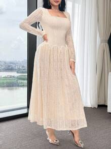Feyla 女款優雅浪漫杏色亮片方領長袖蕾絲洋裝，秋季中長版婚禮賓客約會度假新娘母親派對禮服 - 杏色 - 查看 5