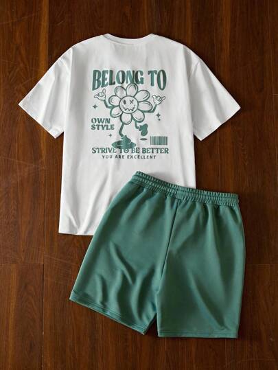 Manfinity Unisex 2 件男士针织休闲宽松短袖 T 恤和抽绳腰直筒短裤套装