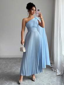 Elenzga Elegant Ladies' Asymmetrical Pleated Collar Dress - Blue - View 6
