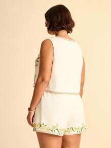 CAJUNI Plus Size Women Boho Vintage Holiday Casual Tropical Floral Print Tied Camisole Short Jacket And Shorts Set