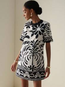 Vesra Printed Round Neck Short Sleeve Mini Summer Dress