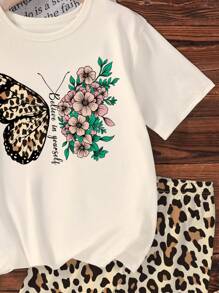 SHEIN 2件套青少年女孩豹纹短裤和蝴蝶印花上衣休闲装