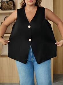 SHEIN CURVE+ Curve 大码/秋装/秋季女装/女士冬装/冬装大码女士休闲简约别致金属扣背心，杏金色纽扣，适合通勤、工作、上学季节、新年 - 黑色 - 查看 8