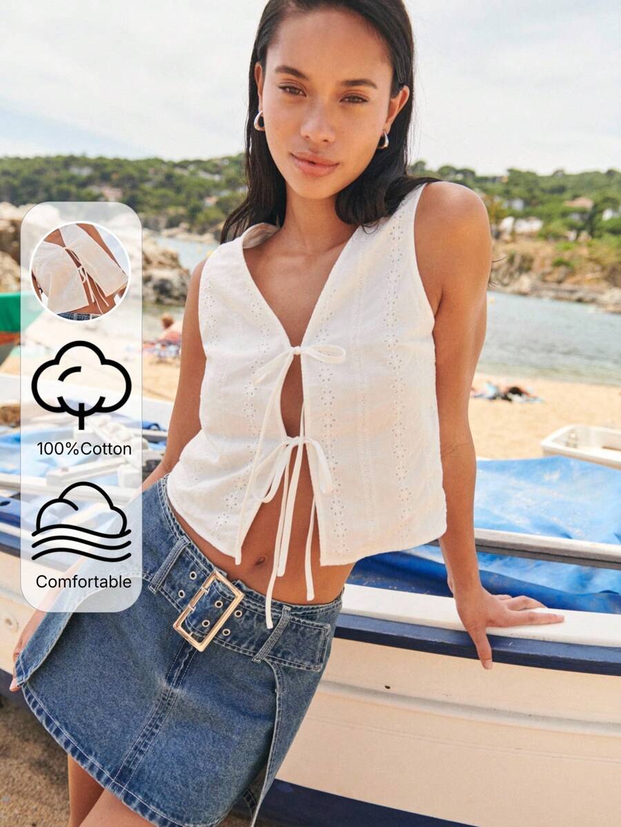 Nöista Sleeveless Swiss Embroidery Crop Top With Deep V-Neck And Double Front Ties. Light And Romantic-Perfect For 4th Of July, Beach Looks, Or Celebration Party! - White - View 1