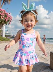 Infant Girls Cartoon Print One-Piece Swimsuit, Cute & Suitable For Swimming - Multicolor - View 1