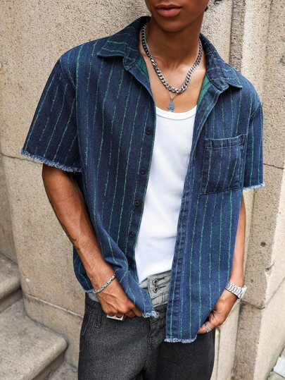 PAVTROS Manfinity Streetrush Men's Spring/Summer Green Striped Fabric Cuff And Hem Design Denim Short Sleeve Top Men Striped Shirt Men Boho Shirt Vintage Men Shirt Cuban Shirt Men Men Streetwear Shirt