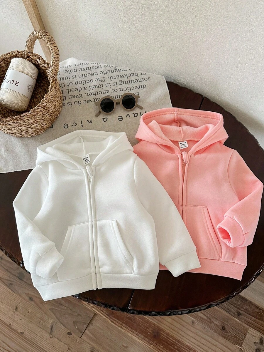 SHEIN LMoss Kids LMoss 2件套女婴可爱纯色连帽卫衣套装,包括婴儿拉链卫衣、幼儿拉链卫衣、婴儿卫衣、婴儿拉链外套和婴儿外套,适合秋冬季穿着。 - 彩色 - 查看 1