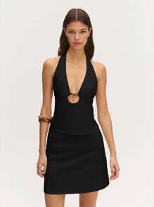 Nöista Natural Comfortable Halter Sleeveless Tank Top Front Decoration Is Perfect For Any Spring! - Black - View 4