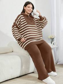 SHEIN Cottnline Women's Houndstooth Drop Shoulder Button Down Cardigan Sweater And Pants 3-Piece Set - Camel - View 1