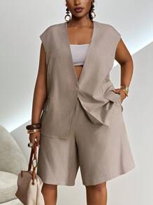 Veslaya 复活节西部海滩波西米亚乡村音乐节热带度假大码女装，百搭休闲简约基本款夏季海滩优雅西装外套和短裤套装 - 咖啡棕 - 查看 6