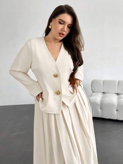 Firerie Plus Size Elegant Business Suit, Solid Color Jacket And Pleated Skirt Set In Fall/Winter