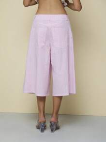 COUREZ 超大款阔腿长款格纹牛仔短裤/Y2K秋季女装冬季服装100%纯棉可爱外出穿搭 - 粉色 - 查看 7