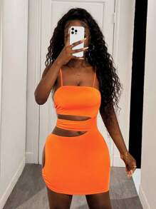 BamGleam Women Side Hollow Passionate Flame Orange Sexy Camisole Dress