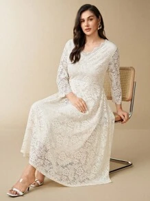 Flouryn Đầm Maxi Ren Cổ Chữ V Tay Dài Cỡ Lớn Ôm Eo Kiểu Chữ A, Viền Ren Thường Ngày - Màu be - Xem 7