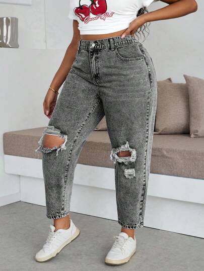 Slaydiva Plus Size Damskie Jeansy Z Kieszeniami Znoszone Zwężane Casualowe Uniwersalne