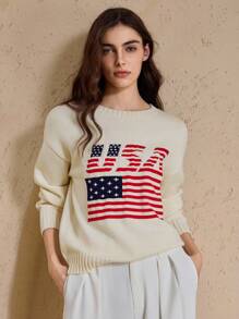Briarwyn 7月4日美国国旗图案女士宽松圆领长袖休闲毛衣，秋季女装，复古风格女装，度假风 - 杏色 - 查看 4
