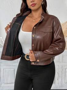 Vionelle 加大码女式法式浪漫西西里优雅休闲通勤度假下午茶派对纯色立领前开金属按扣装饰口袋翻盖侧袋长袖短款夹克 - 棕色 - 查看 7