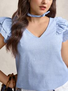 Zelara 大码女式夏季条纹 V 领盖袖宽松休闲衬衫、返校服、女式可爱上衣、女式教师装、女式机场装、简约时尚、通勤简约办公室老款衬衫、休闲日常穿着、适合日常穿着、优雅个性化派对、优雅时尚通勤、优雅衬衫、女式衬衫、适合春夏秋