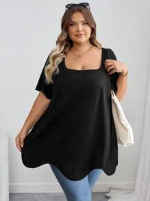 SHEIN CURVE+ 大码女装/秋季/冬季女装/冬季大码方领不对称下摆口袋短袖T恤黑色上衣 8XL 女装 6XL 女装 5XL 大码女装 大码上衣 大码女装 大码女装 大码女装 假日 女装 秋季 女装 冬季 大码女装 - 黑色 - 查看 7