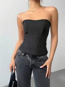 SHEIN LUNE Damen ärmelloses Crop Top mit Rollkragen, Einfarbig, europäisches & amerikanisches Modedesign, körperbetonter Schnitt, Frühling/Sommer - Schwarz - Übersicht 3