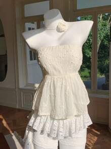 Comfortcana 女士花卉印花荷叶边下摆抹胸度假装 - 米色 - 查看 5