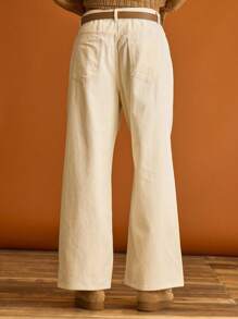 Musero Wide Leg Zip And Button Fastening Denim Jeans Pants Spring Summer Holiday Vacation - Apricot - View 2