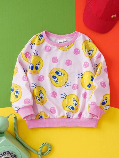 LOONEY TUNES X SHEIN 少女卡通可爱全印花撞色宽松落肩卫衣，秋冬