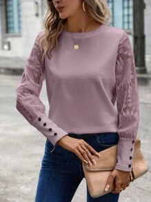 SHEIN PETITE CURVE Plus Size Women Floral Mesh Long Sleeve Top, Fashion Blouse For Autumn