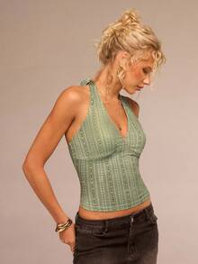 SHEIN Forever 21 Summer Country Concert Tea Party Top, Elegant Casual Tea Party Top, Beach Vacation Music Festival Halter Top 2000s Tops Halter Crop Tops Casual - Green - View 1