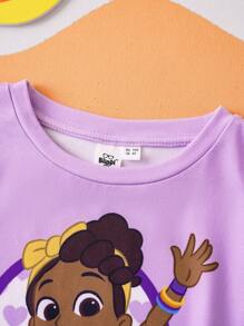 Blippi X SHEIN Bộ đồ mùa hè 2 món áo tay dài màu tím ombre phong cách hoạt hình cho bé gái và quần short in hình bướm trái tim dễ thương - Màu tím - Xem 3