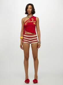 SUMWON WOMEN شورت كروشيه مخطط للشاطئ, شورتات كروشيه مرتفعة الخصر, ملابس شاطئية لأعياد أعراس جزر الصيف والعطلات في هاواي, رداء للسباحة مصنوع من الكروشيه