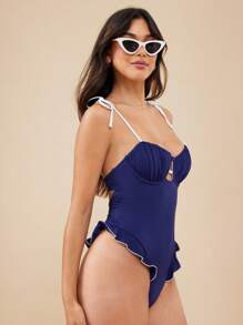 WESTFADE Đồ bơi một mảnh hở lưng hở lưng xếp nếp cổ chữ V hở chân cao dây đeo nơ có gọng nâng ngực đồ bơi một mảnh đi biển mùa hè Monokini Colorblock Outift - Màu xanh hải quân - Xem 4
