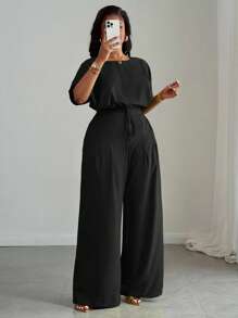 Slaydiva 2pcs Plus Size Women Set,Black,Autumn,Smart Casual,Everyday Loose Drop Shoulder Crop Top,Drawstring Hem,Wide Leg Pants With Pockets,Business Casual - Black - View 10