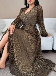 Modelyn Đầm thanh lịch buộc dây phía trước họa tiết da báo cho nữ tay đèn lồng - màu nâu - Xem 2