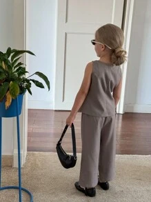 SHEIN 年轻女孩通勤休闲纯色梭织无袖圆领上衣和直筒裤套装，法式 - 卡其色 - 查看 6