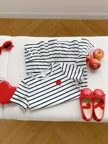 SHEIN Young Girl Knitted Stripe Heart Pattern Crew Neck Dress - Black and White - View 5