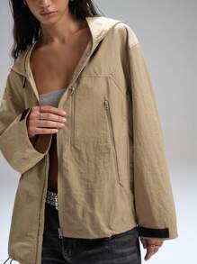 LYSMO Áo khoác gió trơn dài tay có khóa kéo phía trước dành cho nữ, chất liệu vải không co giãn, quần áo thu đông cho nữ - Màu Khaki - Xem 5