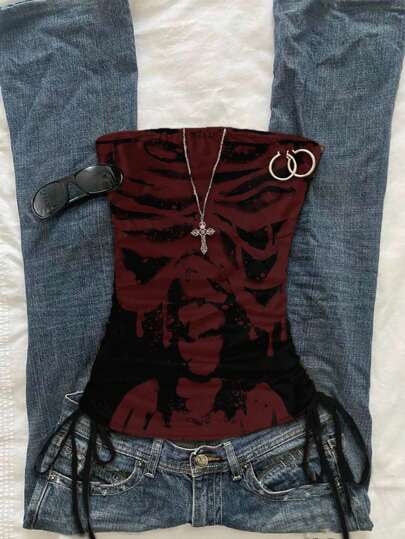 SHEIN EZwear Top scurt pentru femei cu imprimeu de craniu și cerneală, cu nod în față, potrivit pentru vară